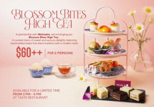 Blossom Bites High Tea promotional visual at TASTE Restaurant, ibis Singapore on Bencoolen, featuring a three-tier afternoon tea set with savoury bites, Melvados desserts, Dilmah tea, and ice cream in a floral pink-themed setting
