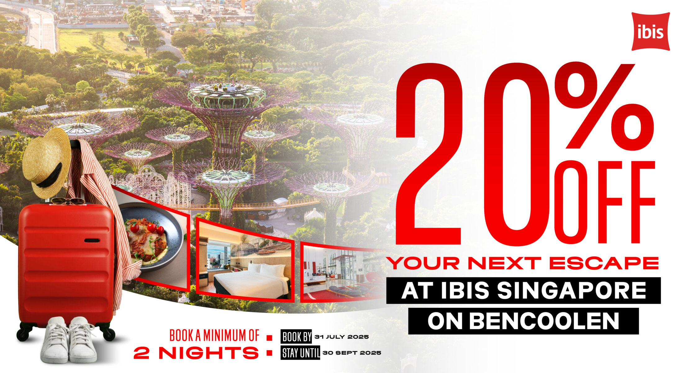 Escape Sale – 20% off stays of 2 nights or more at ibis Singapore on Bencoolen, book by 31 July, stay from 31 May to 30 September 2025