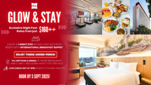 ibis Singapore on Bencoolen Glow & Stay promotion for Singapore Night Festival 2025. Exclusive rates from $160++ include 1-night Superior Room stay with international breakfast buffet, 15% off food and drinks, and late check-out.