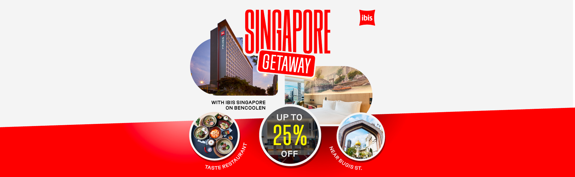 Promotional banner for ibis Singapore on Bencoolen’s Singapore Getaway deal, featuring hotel exterior, guest room, Taste Restaurant, and Bugis Street with up to 25% off.