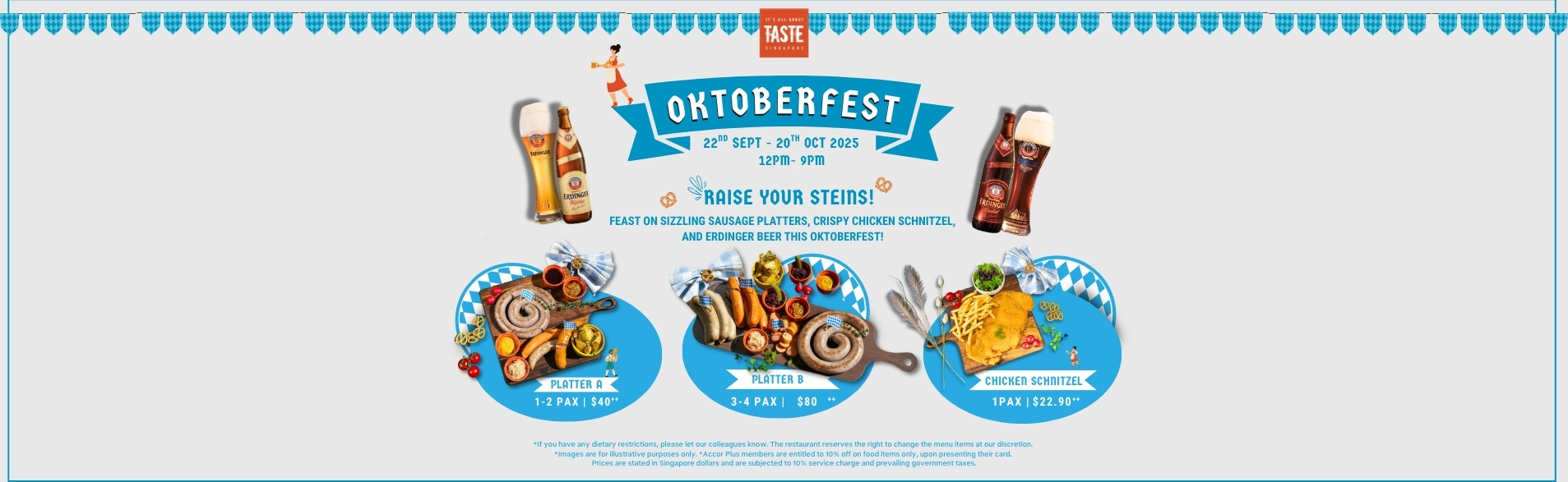 Oktoberfest 2025 promotion at TASTE Restaurant, ibis Singapore on Bencoolen – sausage platters, crispy chicken schnitzel, and Erdinger beer.