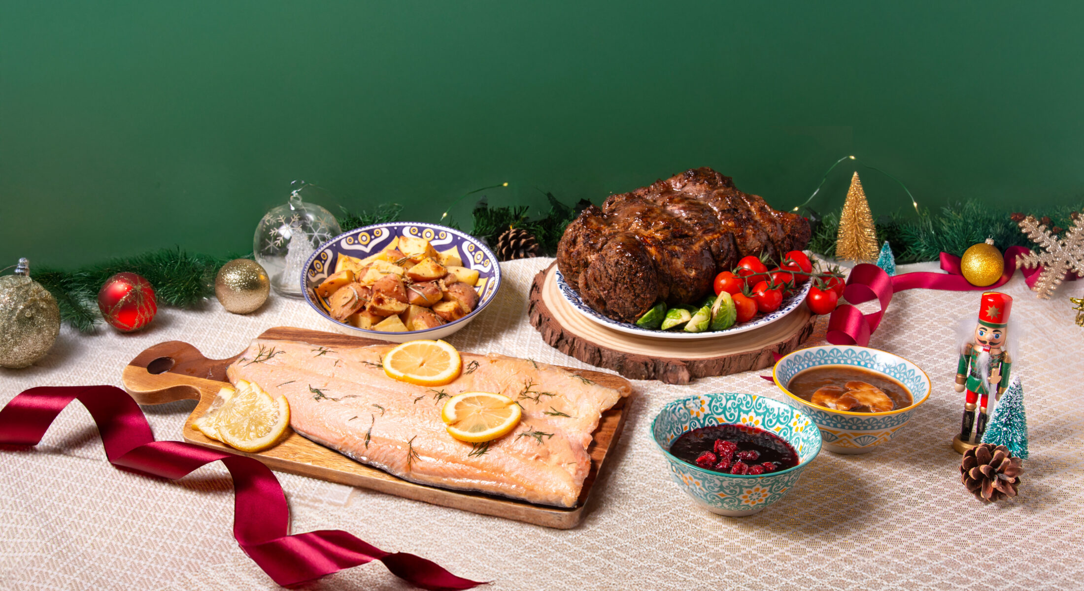 Christmas spread featuring Bulgogi-marinated ribeye roast and Miso Clout Trout with roasted sides from TASTE Restaurant, ibis Singapore on Bencoolen.