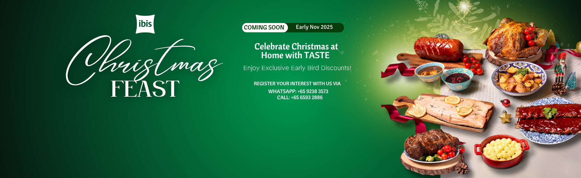 A festive spread of roasted turkey, honey-glazed ham, and Christmas sides set against warm holiday décor at TASTE Restaurant, ibis Singapore on Bencoolen.