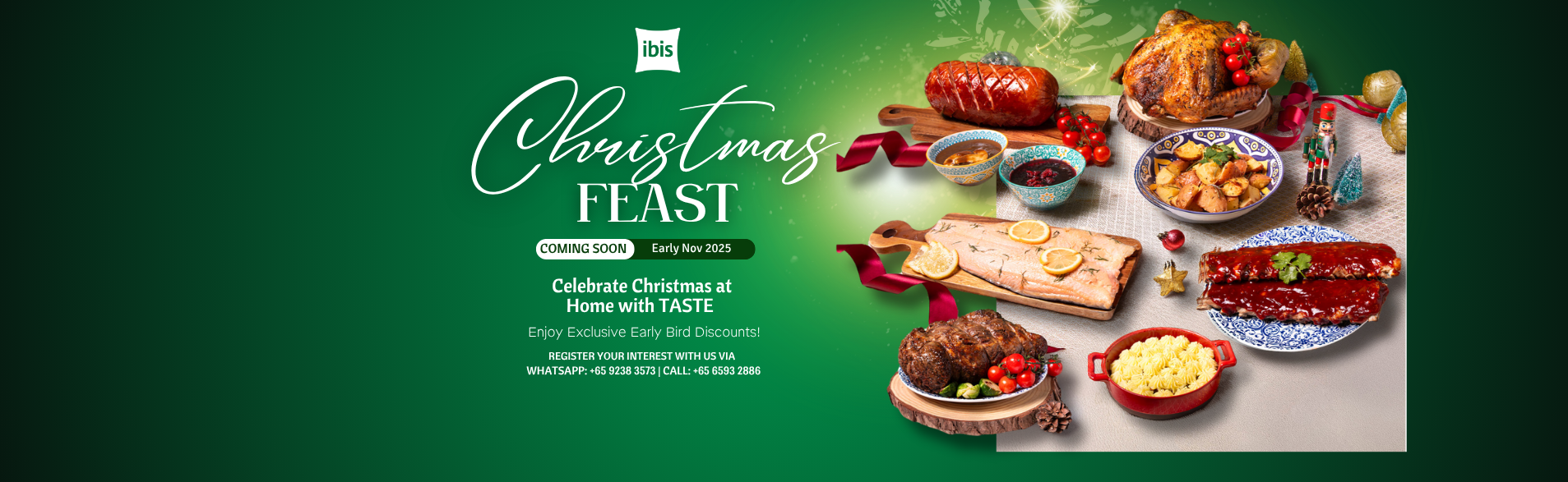 A festive spread of roasted turkey, honey-glazed ham, and Christmas sides set against warm holiday décor at TASTE Restaurant, ibis Singapore on Bencoolen.