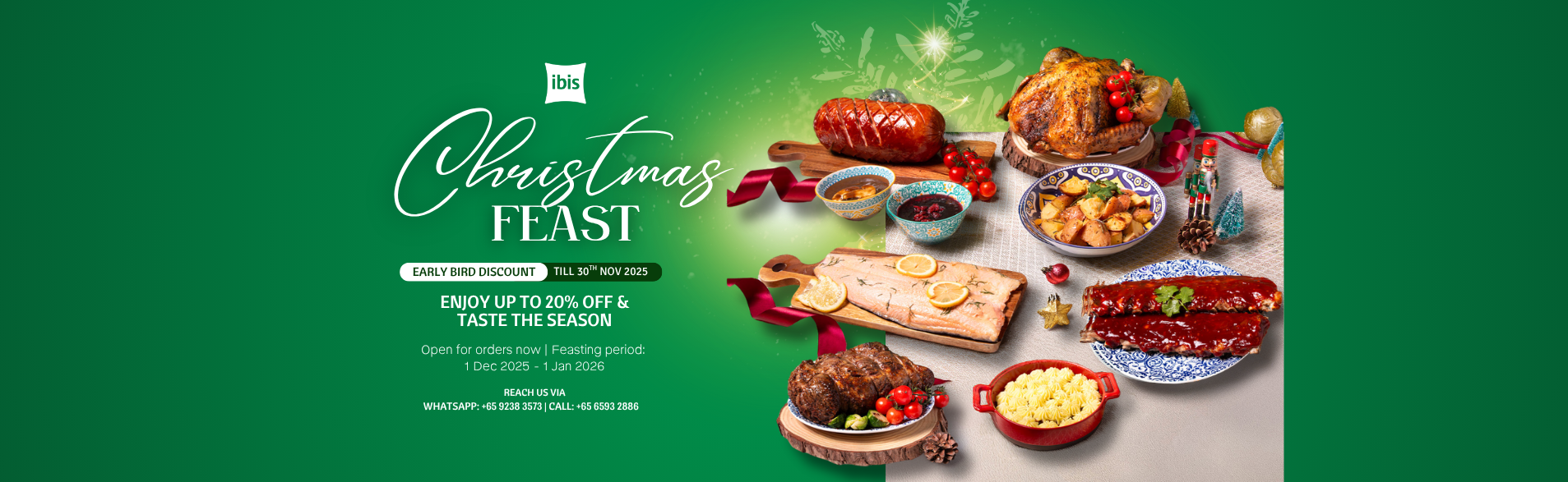 A festive spread of roasted turkey, honey-glazed ham, and Christmas sides set against warm holiday décor at TASTE Restaurant, ibis Singapore on Bencoolen.