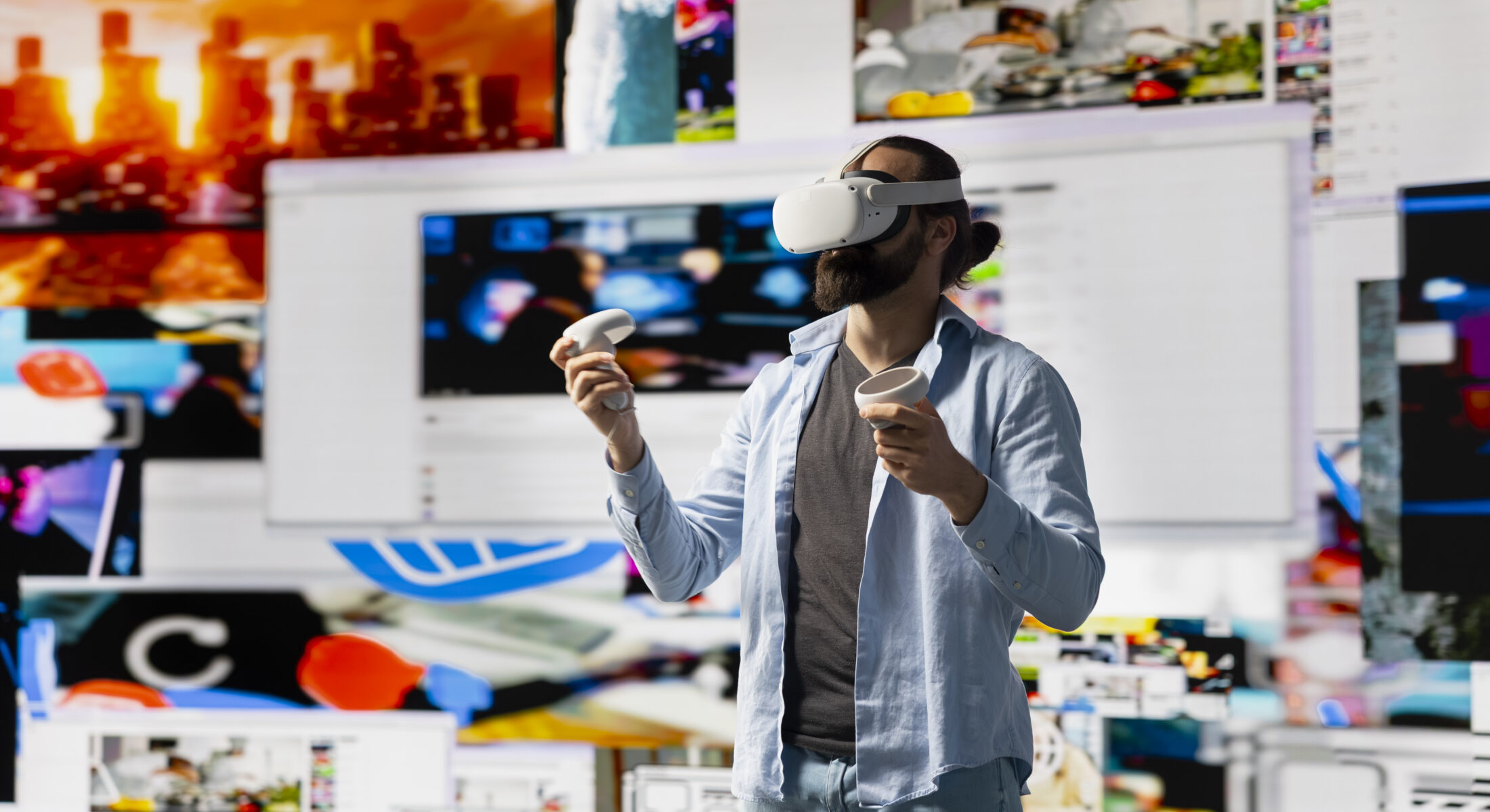 Man using virtual reality headset at a technology exhibition during Asia Photonics Expo APE 2026 in Singapore