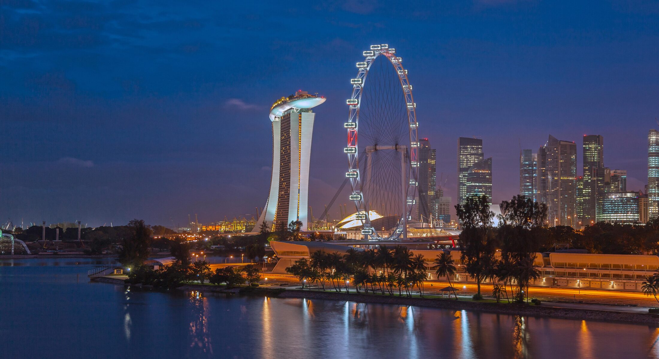 Singapore skyline at Marina Bay with Singapore Flyer and Marina Bay Sands near Sands Expo for Digital Construction Asia 2026
