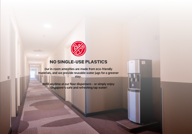 Hotel corridor with water dispenser for reusable bottles at ibis Singapore on Bencoolen supporting plastic-free initiatives