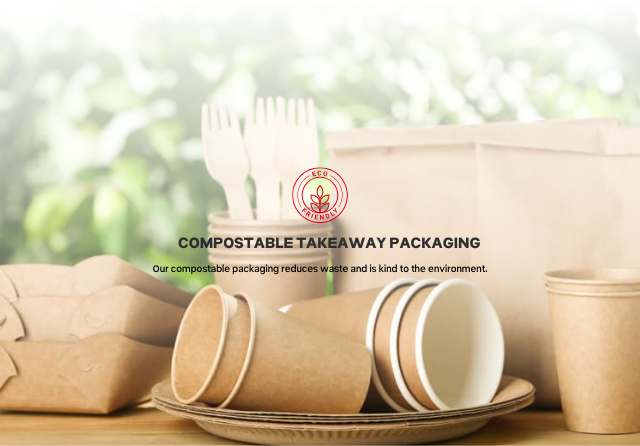 Compostable takeaway packaging including cups and containers used at ibis Singapore on Bencoolen