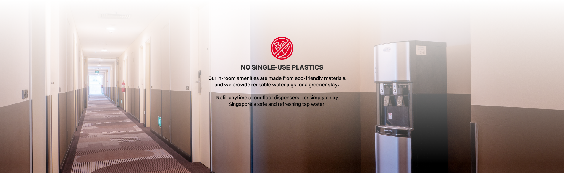 Hotel corridor with water dispenser for reusable bottles at ibis Singapore on Bencoolen supporting plastic-free initiatives