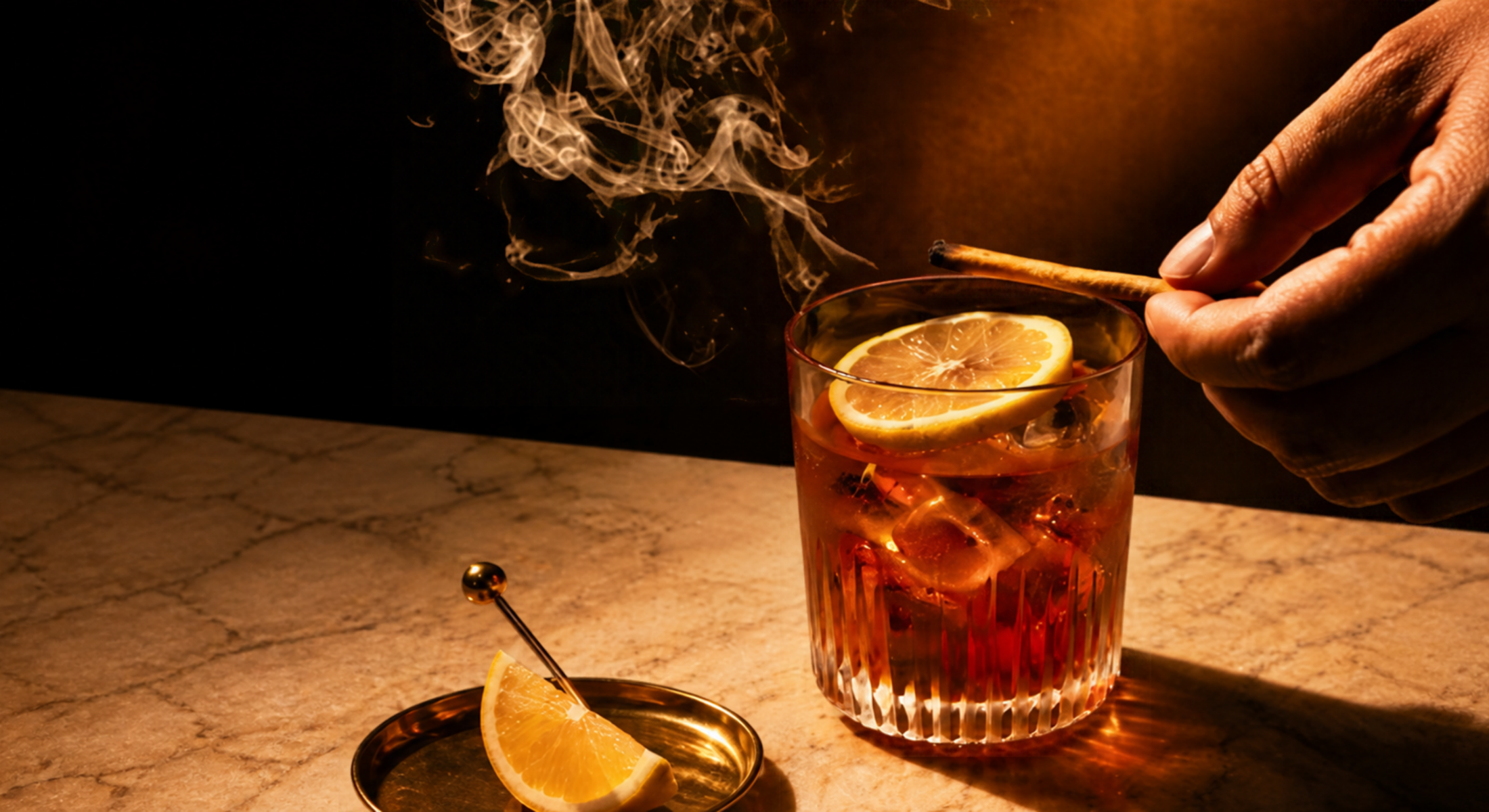 Amber cocktail with ice and a citrus slice, topped with a smoking cinnamon stick.