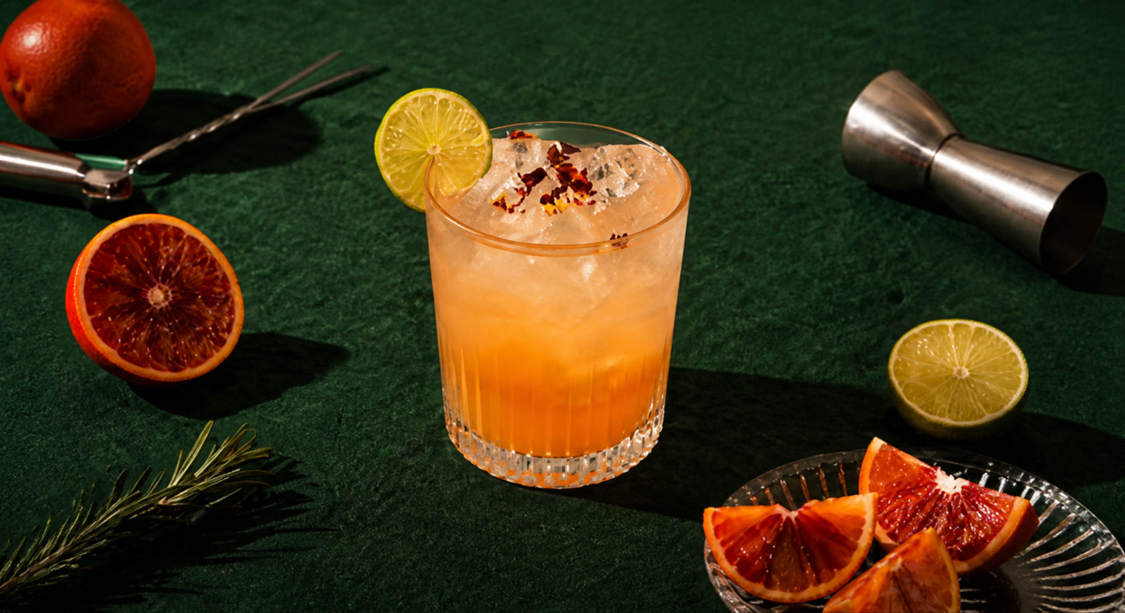 Orange-coloured cocktail over crushed ice with a lime wheel, surrounded by citrus fruit and bar tools.