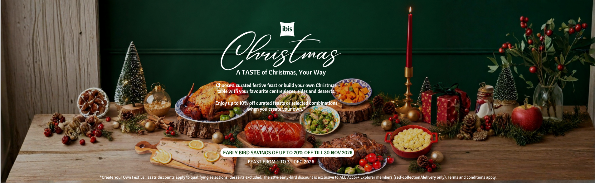 Christmas feast with roast meats, fish, sides and desserts, styled with candles and festive decorations.