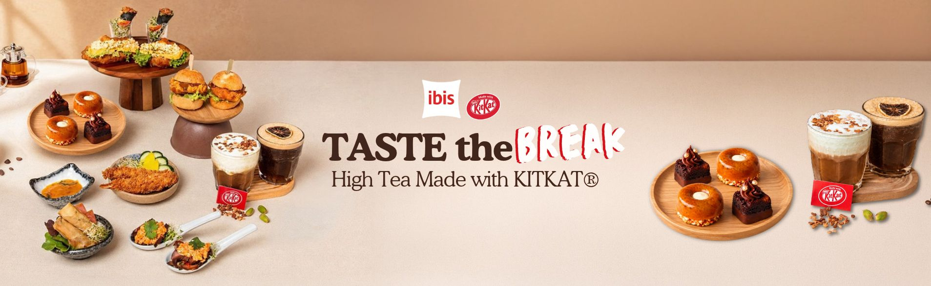 TASTE the Break High Tea Made with KITKAT® banner featuring savoury bites, desserts and drinks.
